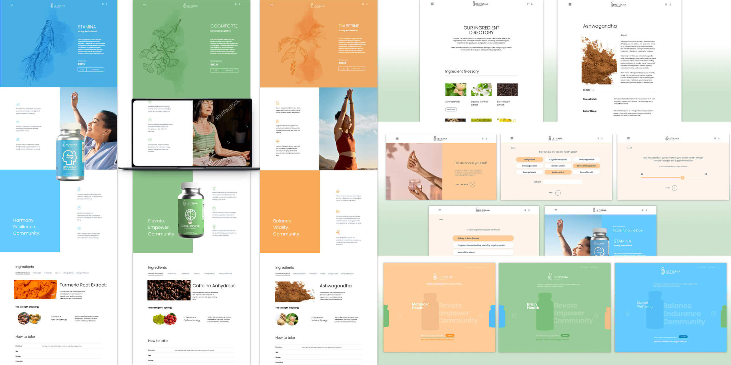 Ultisana final UI designs showing product pages, health quiz, and ingredient directory