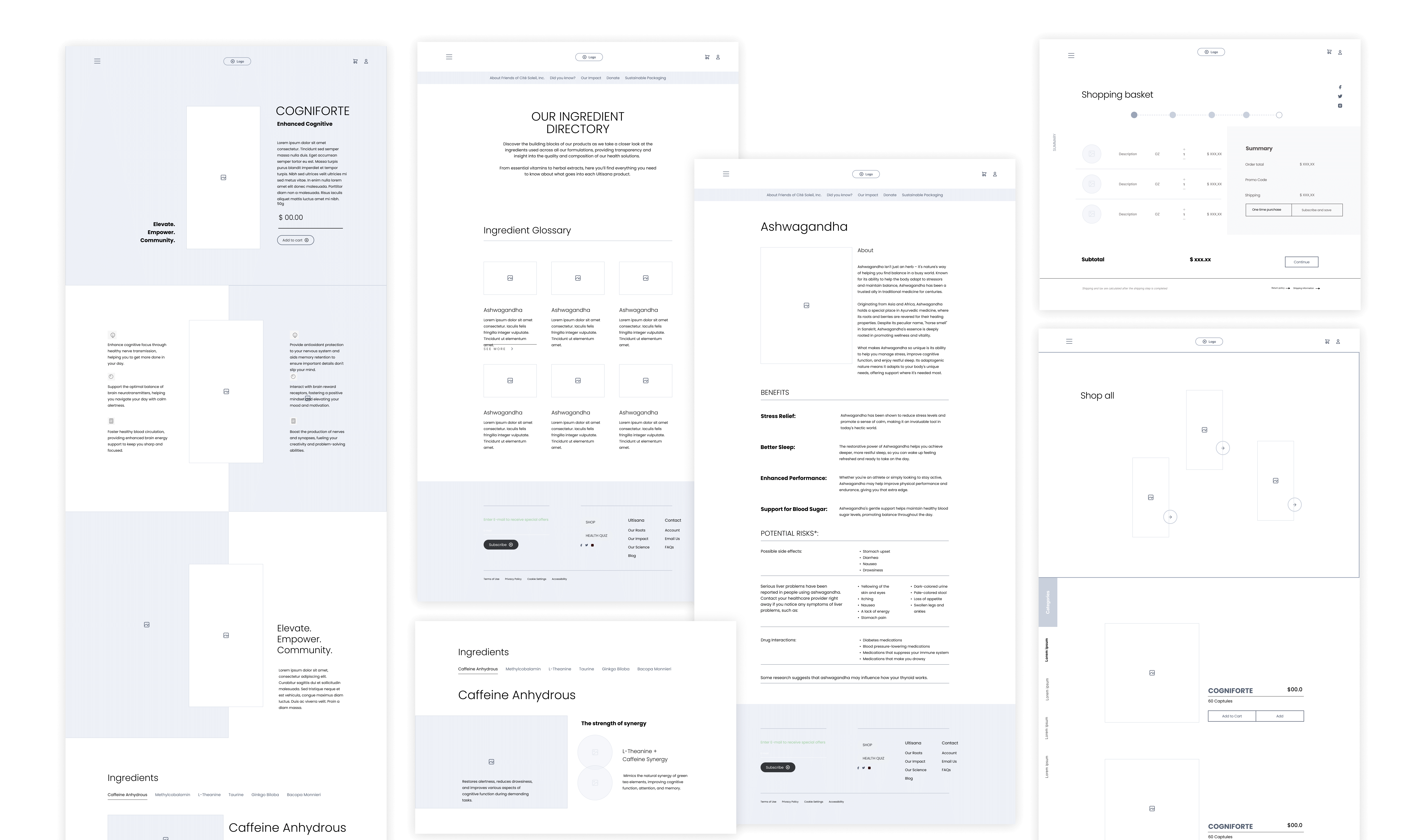 Wireframe explorations for product pages, ingredient directory, checkout, and shop